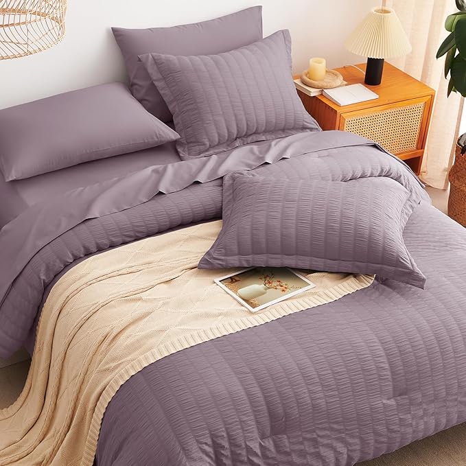 CozyLux Oversized Queen Comforter Set Dusty Purple Seersucker 7 Pieces 98x98 - Image 6