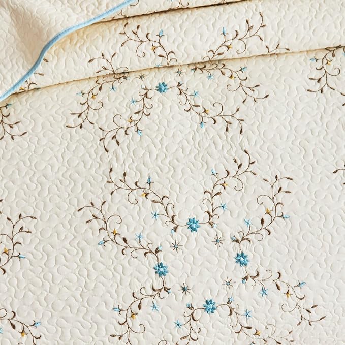 ROOMLIFE Quilt Set Queen Size 3D Floral Embroidery Pattern 3-Piece Cotton - Image 5