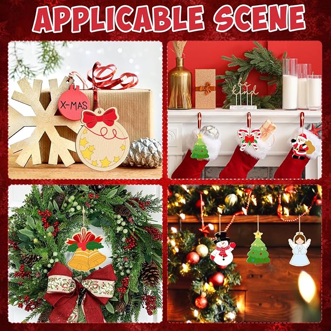 80PCS Wooden Christmas Ornaments to Paint, 8 Styles DIY Blank Unfinished Wood - Image 4