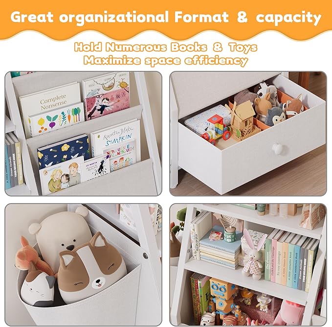 Kids Bookshelf and Toy Storage Organizer, Kids Bookcase Montessori 3 Tier Baby Toddler Sling Book Shelf with Drawer Pockets for Kids Room, Nursery, Playroom, Bedroom, White
