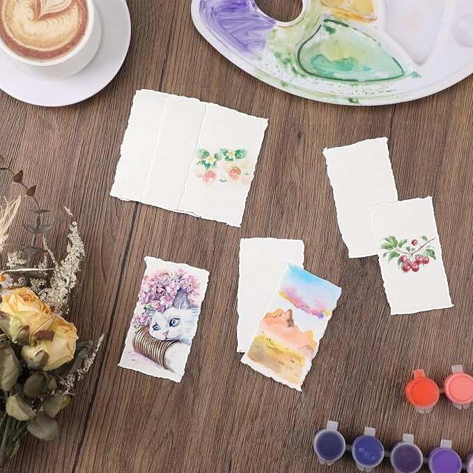 100 Sheets Watercolor Paper 2 x 3.5inch, 300 GSM Deckled Edge Paper - Image 5