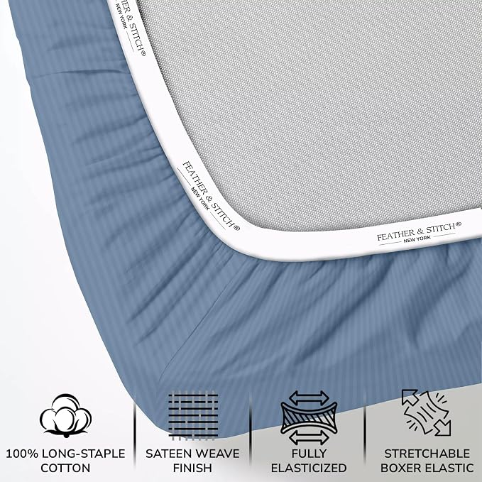 Feather & Stitch 1 Piece Fitted Sheet Queen Size, 100% Cotton Damask Sateen - Image 2