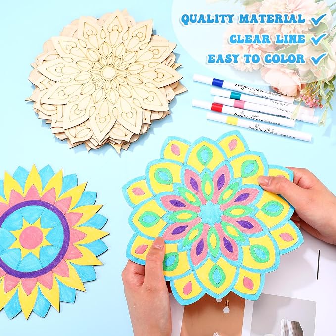 Vercraft 22 Pcs Wooden Mandala Painting Set 10 Mandala Unfinished Wood Cutouts - Image 3