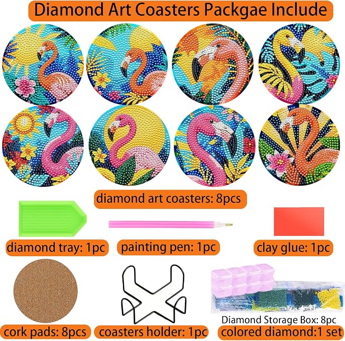 TDOOW Diamond Art Coasters 2026 8 Pcs Colorful Flamingo Diamond Painting - Image 3