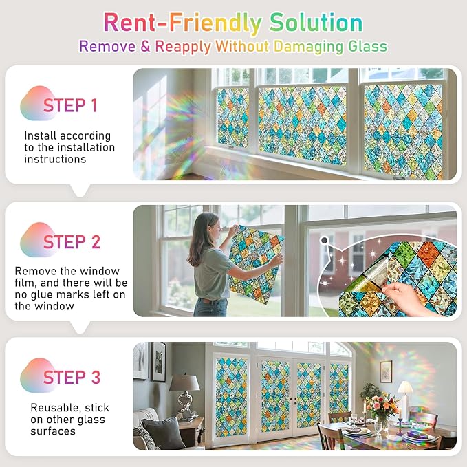 Sunbaby Window Privacy Film Stained Glass Decorative Rainbow Window Cling 3D - Image 5