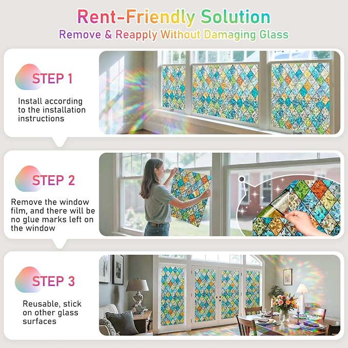Sunbaby Window Privacy Film Stained Glass Decorative Rainbow Window Cling 3D - Image 9
