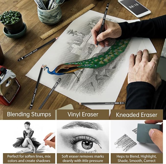 GETHPEN Drawing Sketching Pencil Set, Graphite 12B-4H Charcoal Pencils - Image 4
