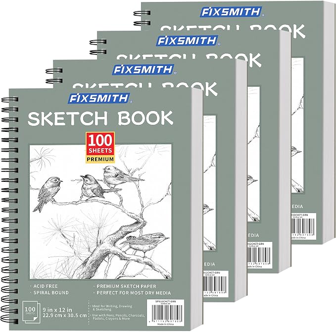 FIXSMITH 9"X12" Green Sketch Book, 400 Sheets Spiral Sketchbook, Acid Free by FIXSMITH