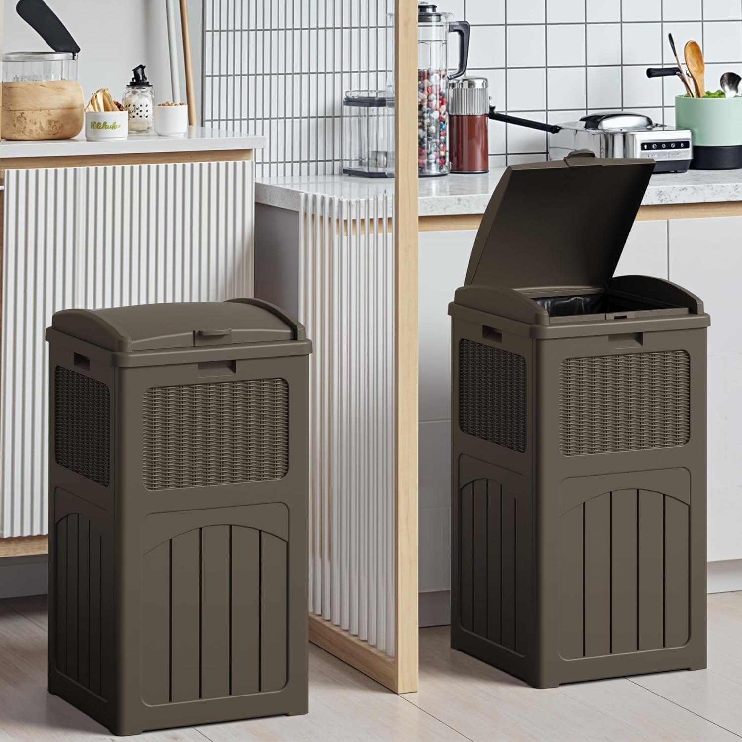 Devoko 33 Gallon Outdoor Trash Can with Dual Lid, Heavy Duty Waterproof Resin Garbage Bins Outside, Hideaway Waste Bins for Patio, Outside Pool, Backyard and Deck (2, Deep Brown)