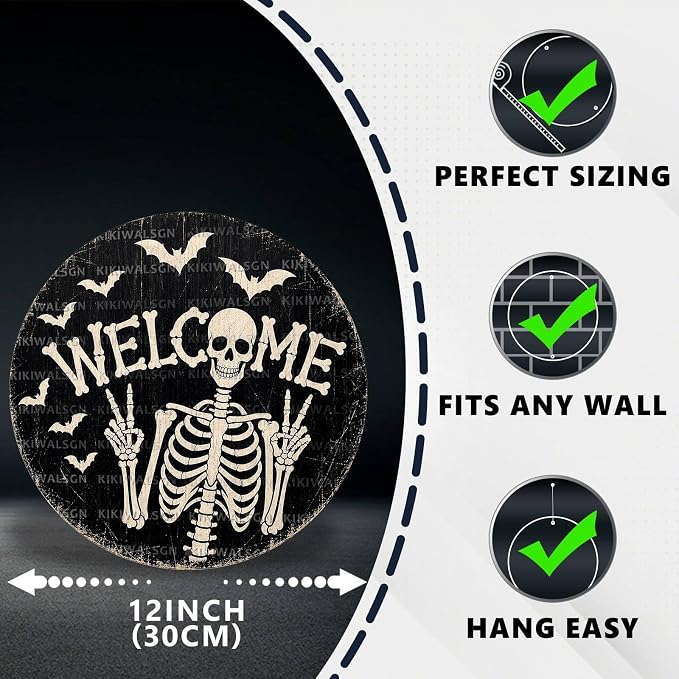 Funny Skeleton Welcome Halloween Metal Tin Sign Round Wall Decor Peace Sign Bat - Image 2