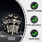 Funny Skeleton Welcome Halloween Metal Tin Sign Round Wall Decor Peace Sign Bat - Image 2