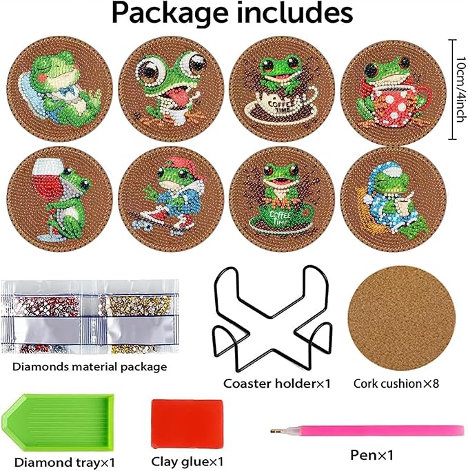 Clendo 8 PCS Coffee Frog Diamond Art Coaster Kits - Image 2