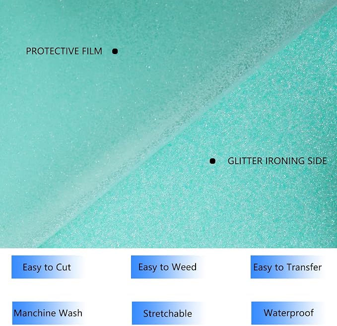 HTVVETUR Glitter Cyan Heat Transfer Vinyl, Glow in The Dark HTV Vinyl Roll 12" - Image 4