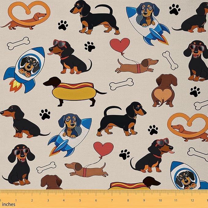 Kawaii Dachshund Fabric by The Yard, Cute Dogs Footprinted Bones Flannel by CastleFairy