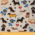Kawaii Dachshund Fabric by The Yard, Cute Dogs Footprinted Bones Flannel by CastleFairy