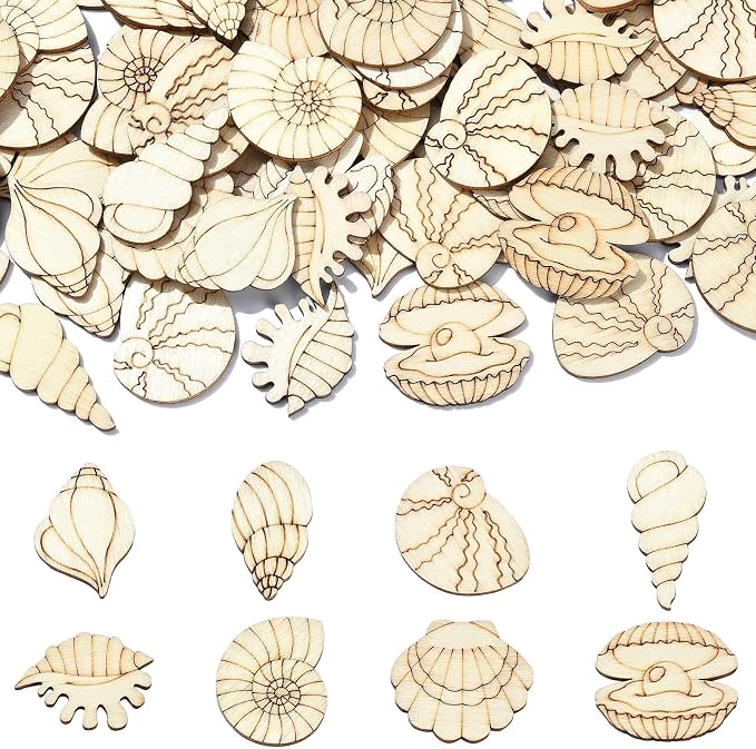 200 Pcs Unfinished Wooden Shell Shapes Blank Wood Slices Seashell Wooden Craft by URURLIFEHALL
