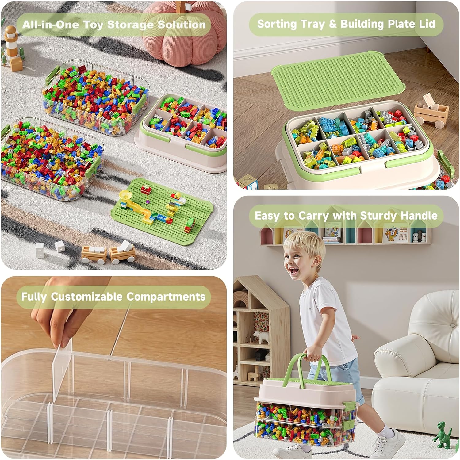 Toy Storage Organizer Box with Handle, Stackable Building Block Toy Box with Building Plate Lid & Removable Sorting Trays, Cubby Bins and Containers 1 Layer (Green)