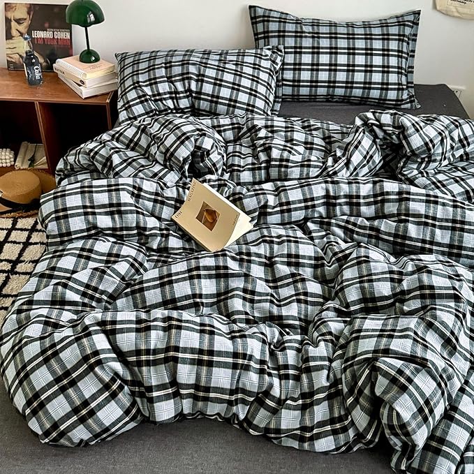 mixinni Vintage Grey & Pale Blue Buffalo Plaid Duvet Cover Set King Size - Image 4