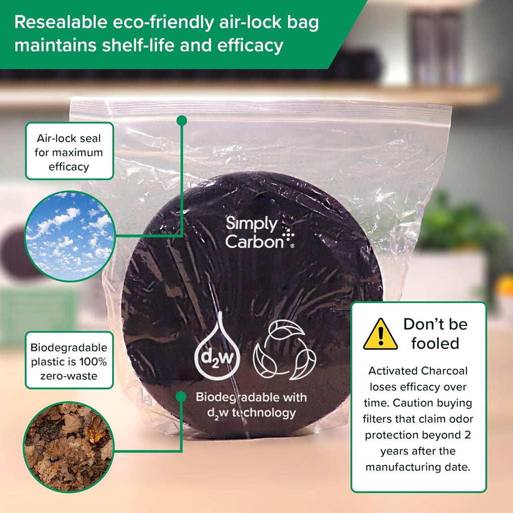 2 Years Supply Extra Thick Filters for Kitchen Compost Bins - Longer Lasting Activated Charcoal - Universal Size Fits ALL Compost Bins up to 7.25" Filter Size - Replacement Set of 6 (by Simply Carbon)