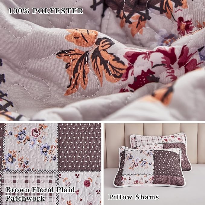 Patchwork Quilt Set King Size, 3 Pieces Brown Floral Plaid Summer Bedspread - Image 6