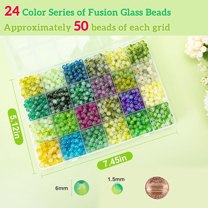XSEINO About 1200+ pcs 6mm Glass Beads Bracelet Making Kit, 24 Assorted Green - Image 2