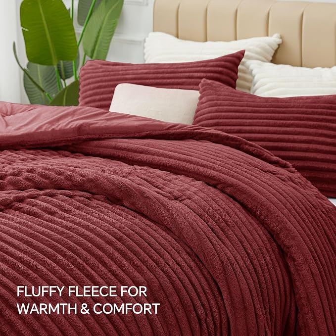 BEDELITE Fleece Queen Comforter Set -Super Soft & Warm Fluffy Burgundy Bedding - Image 6
