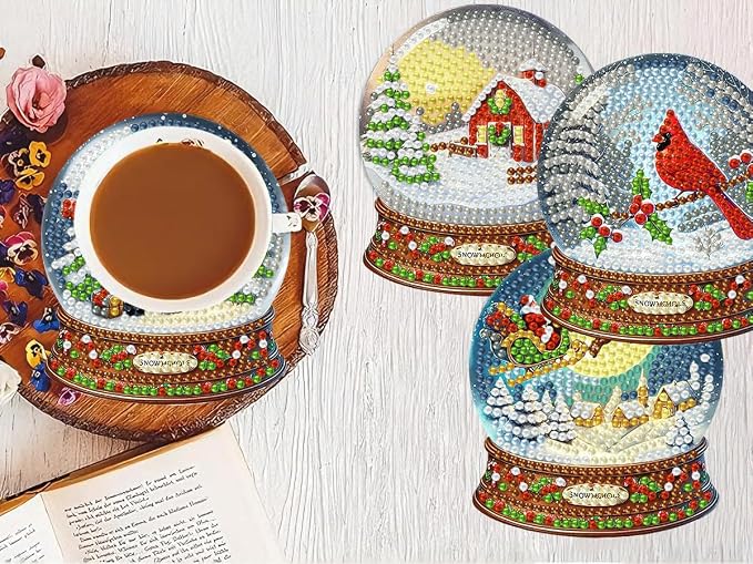 8 PCS Christmas Diamond Art Coasters Kits Snowball Diamond Painting Coaster | - Image 6