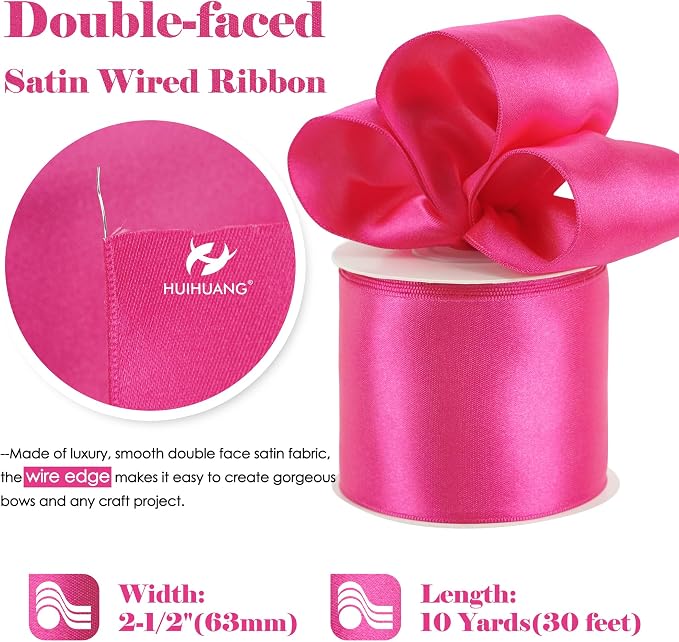 HUIHUANG Hot Pink Satin Wired Ribbon 2.5 inch Fuchsia Pink Wire Edge Ribbon - Image 2