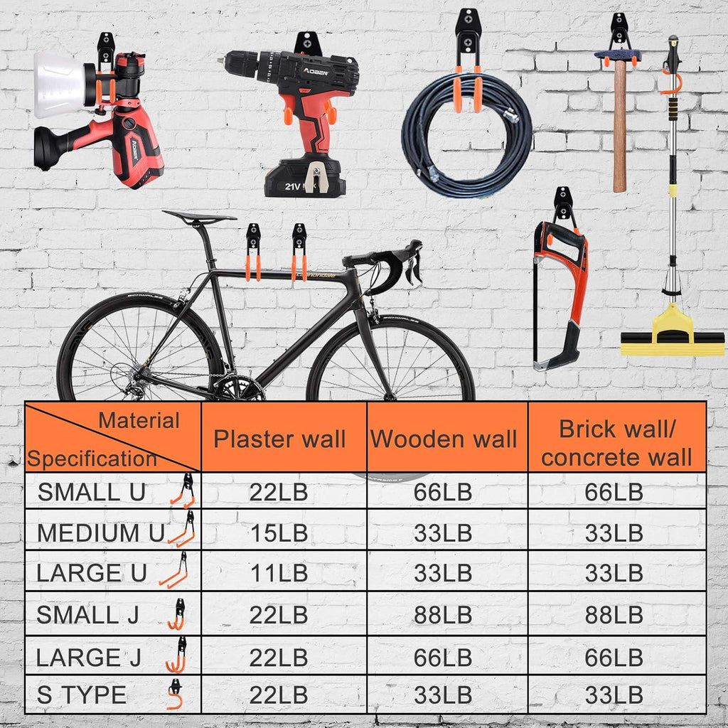 AOBEN Garage Hooks Heavy Duty, Steel Garage Storage Hooks, Utility Tool Hangers and Combinable Wall Mount for Organizing Ladders, Bikes, Hoses, and More Equipment (Large J, 4 Pack)