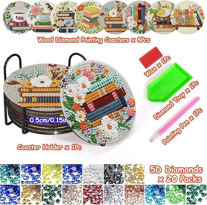 Axquilon 8 Pcs Books Diamond Art Coasters Kit - Image 2