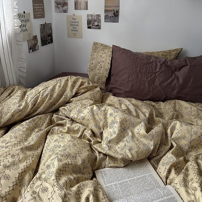 MKXI Beige & Brown Vintage Floral Duvet Cover Set Twin Size - Image 2