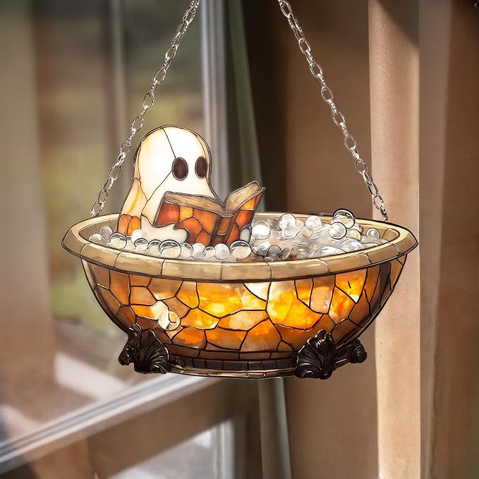 Cute Ghost Reading in Bathtub Acrylic Suncatcher by Unknown