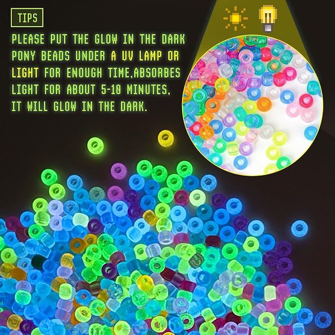 Pony Beads Glow in the Dark 1000pcs Neon Beads, Bracelet Beads 9mm Luminous - Image 4