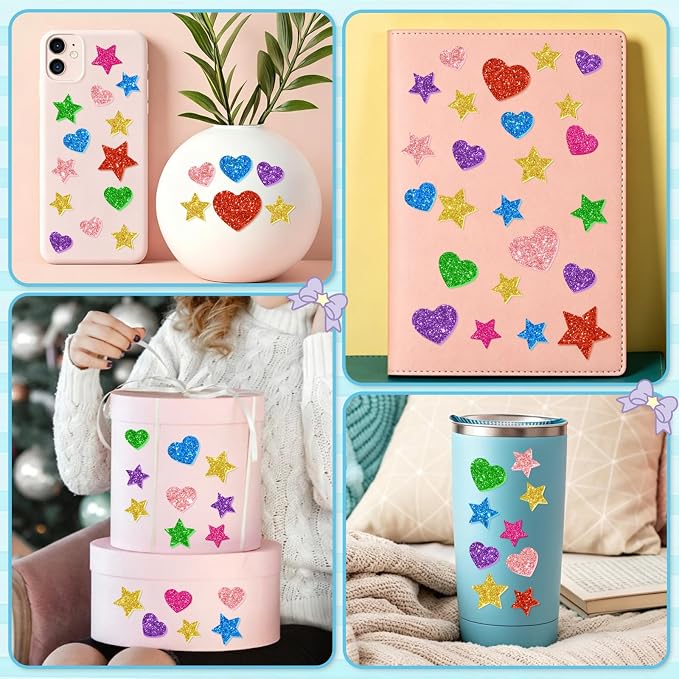 987 Pcs Glitter Foam Stickers, Heart & Star Shapes Stickers, 7 Sheets Colorful - Image 4