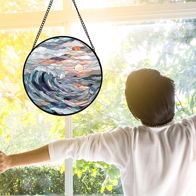 DASTOLL Stained Glass Window Hanging, Sunrise Waves Sun Catchers Diamond Glass - Image 4