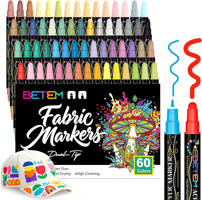 Betem 60 Colors Dual Tip Acrylic Paint Markers, Fabric Decorating Kits Premium by BetemArtWorld