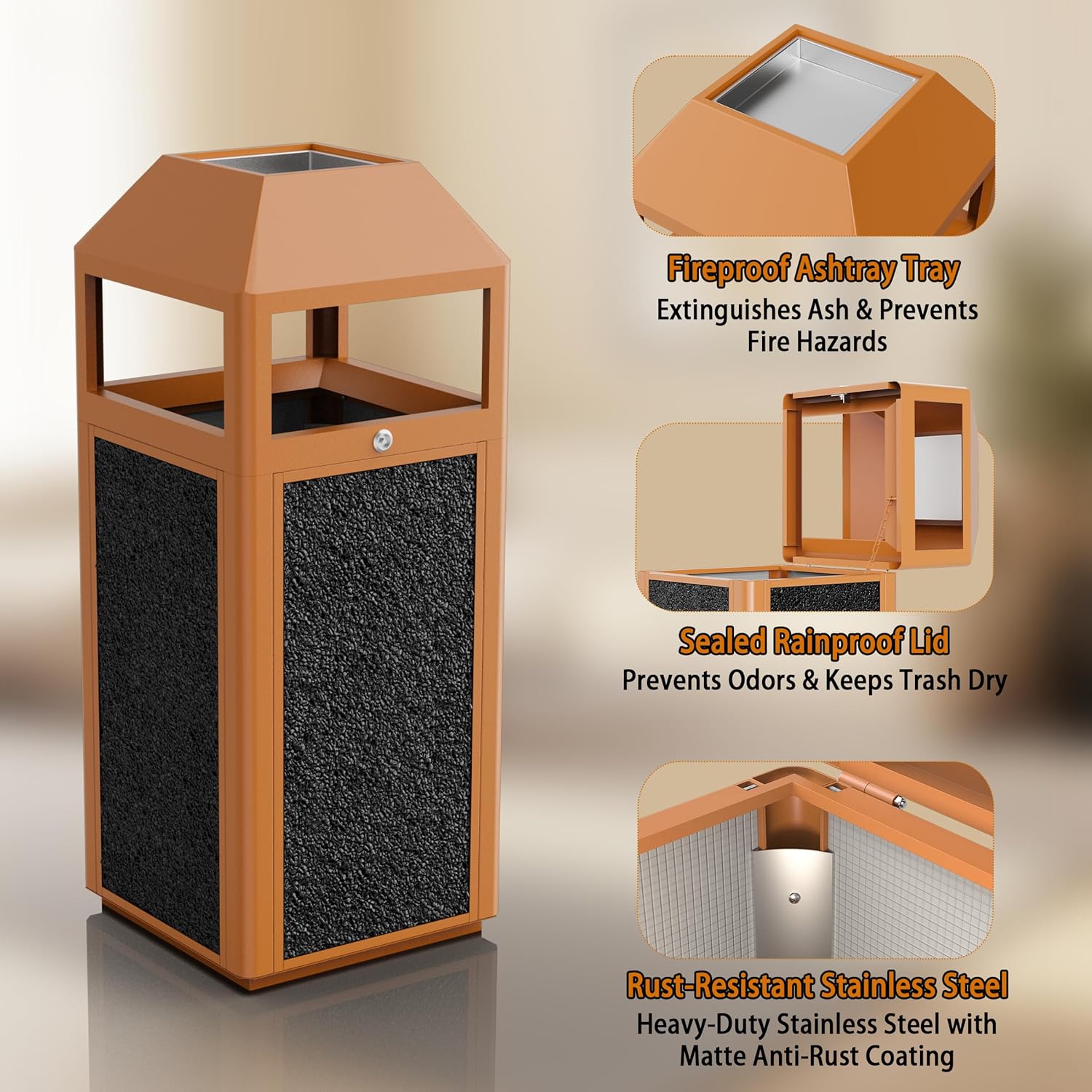 Commercial Metal Outdoor Trash Can with Lid, Lockable Outdoor Garbage Can with Nature Stone Panels, Heavy-Duty Rustproof Trash Bin with Removable Liner for Parks & Public Spaces