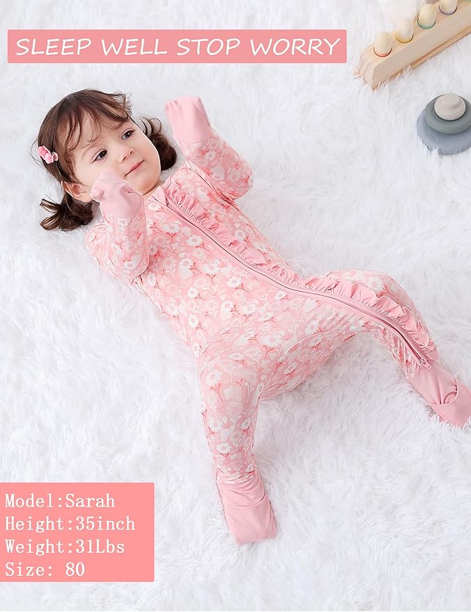 JunNeng Baby Girl Viscose from Bamboo Sleeper with Mitten Cuffs, 2 Way Zipper Romper, Sleep N' Play Pajamas 0-18 Months