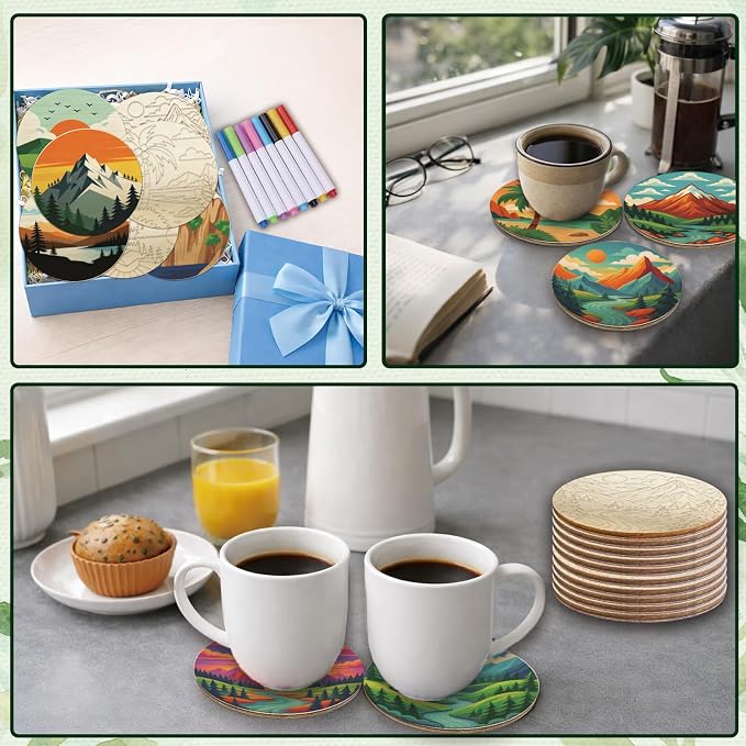 26PCS Wood Coasters Craft Kit 10 Paint You Own Coaster - Image 7