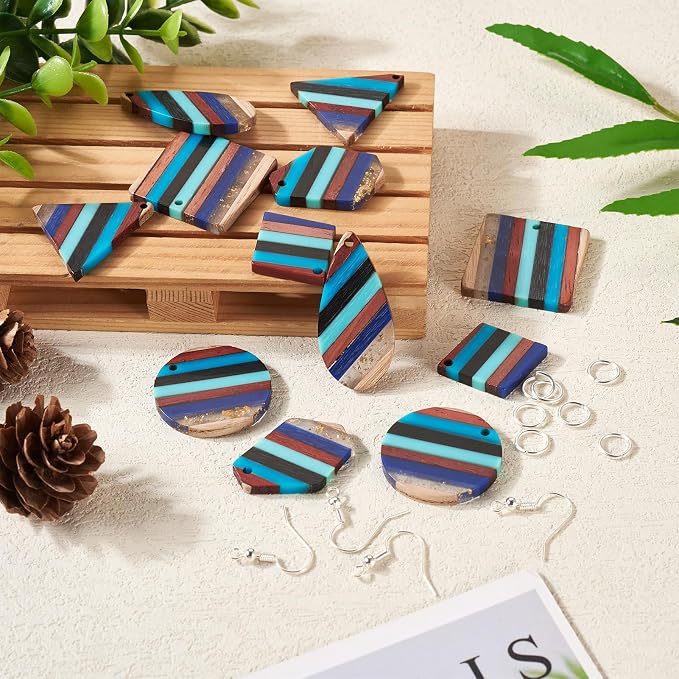 FASHEWELRY Striped Resin Wood Earrings Charms Cyan Rhombus Teardrop Flat Round - Image 2