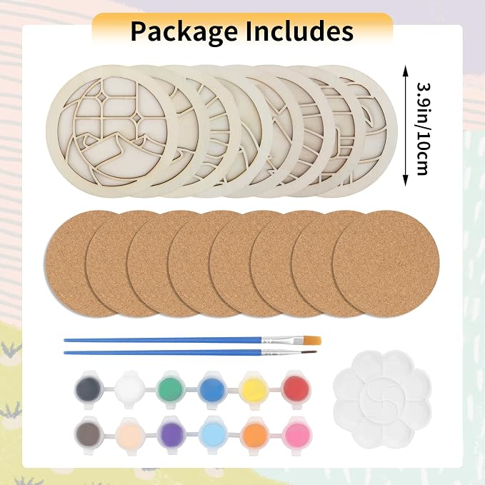 Temlum Wooden Coasters Painting Kit, Paint You Own Coaster Wooden Painting - Image 2