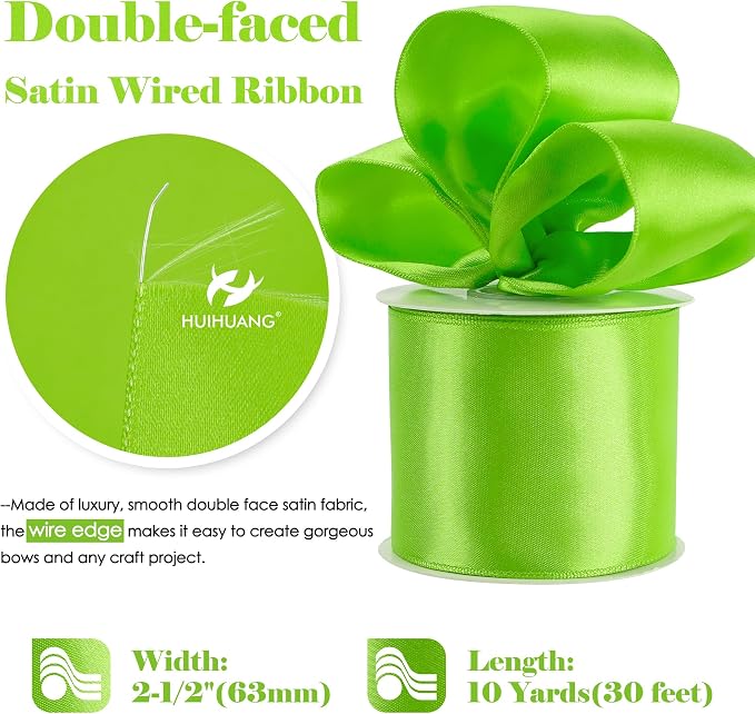 HUIHUANG Lime Green Wired Ribbon 2.5 inch Green Satin Wire Ribbon - Image 2
