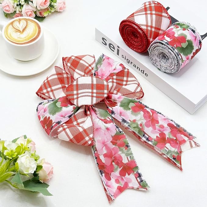 2 Rolls Red Floral Wired Ribbon, 2.5 Inch x 10 Yards Each, Vintage Red Pink - Image 2