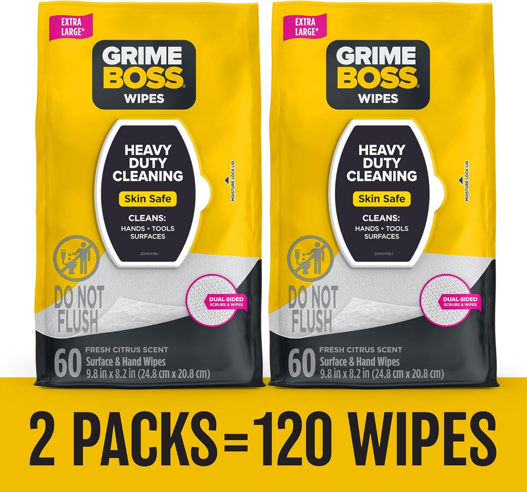 Grime Boss Heavy Duty Surface and Hand Wipes (2x60ct) | Wet Wipes Remove Paint, Oil, Grease, Adhesives, Mud, Dirt | Shop Wipes Replace Cleaners like Rags, Towels, Pumice, Soap