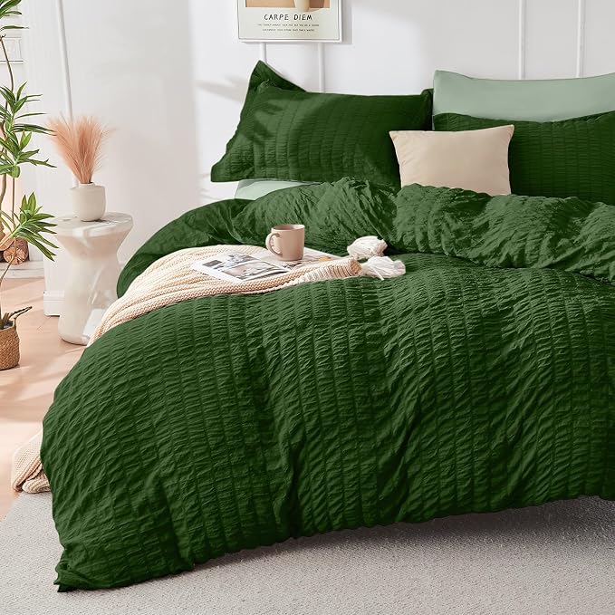 HYMOKEGE Dark Green/Sage Green California King Comforter Set Seersucker 7 Pieces - Image 2