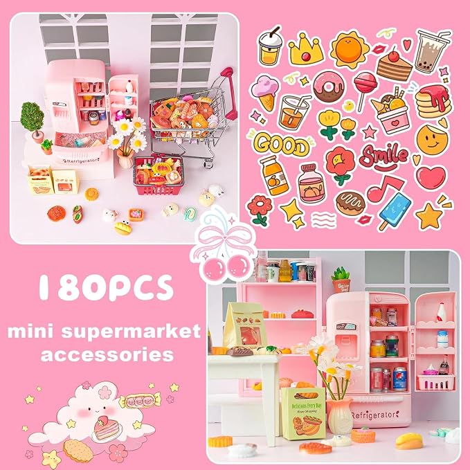 180 Pcs Dollhouse Miniature Kitchen Accessories Shopping Cart Basket Mini Food - Image 3
