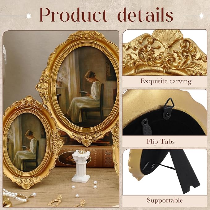 Wonderjune 3 Pcs Vintage Picture Frames Antique Set Baroque Ornate Gold Arched - Image 3