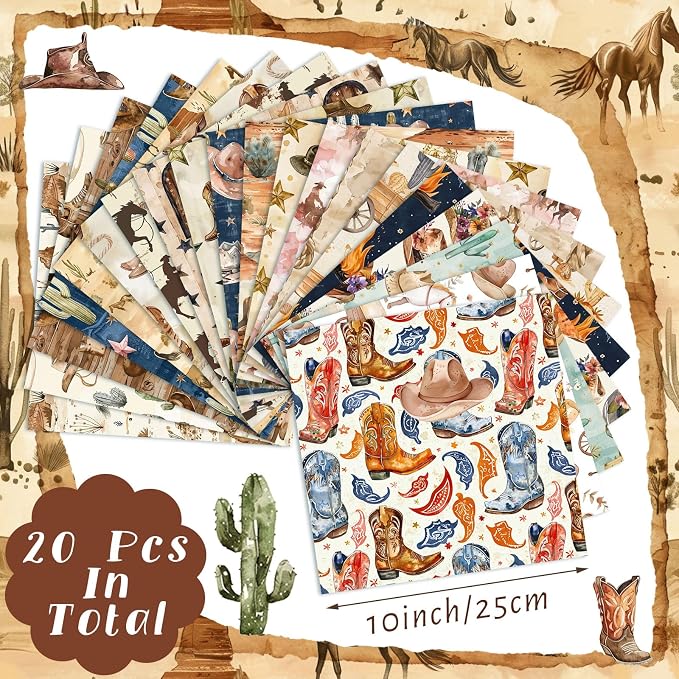 HunnmingRe 20 Pcs 10''x10'' Western Cowboy Quilting Fabric Square Cowboy Hat - Image 2