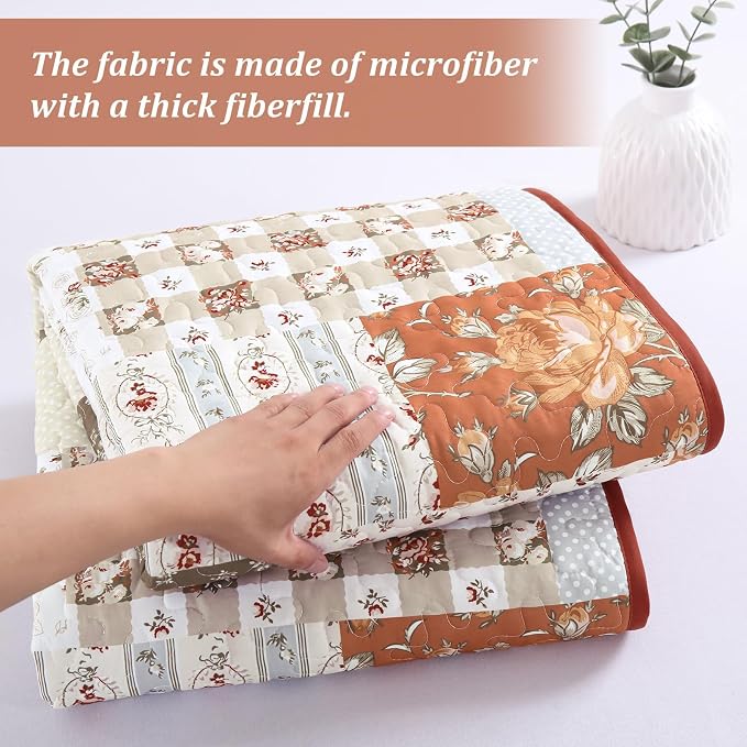 Patchwork Quilts Set King Size 3 Pieces Terracotta Plaid Bedspread Coverlet Set - Image 5