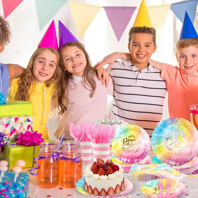 150 PCS Tie Dye Party Supplies, Pastel Tie Dye Tableware Set Napkin Peace Love - Image 6